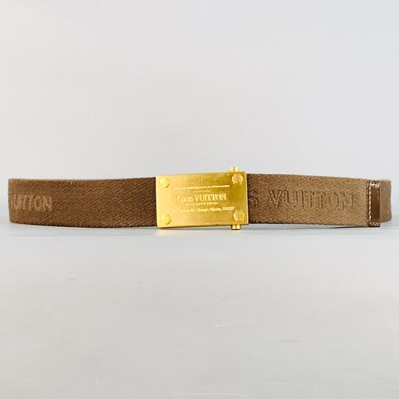 LOUIS VUITTON Size 40 Inventeur Brown Gold Logo Canvas Box Buckle Belt - Picture 1 of 7